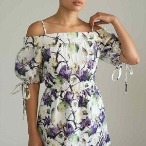 Nicole Miller New York Metallic Floral Dress Sz S/M Off Shoulder Puffy Slvs Ties